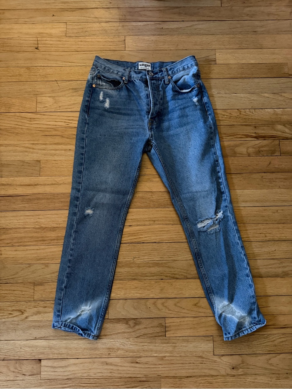 Umgee Button Fly Distressed Blue Slim Straight Jeans
